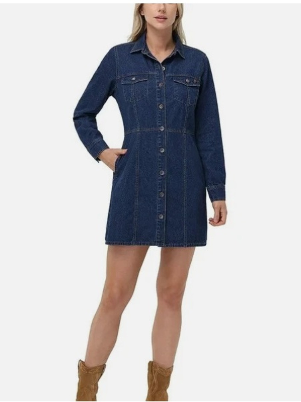 Frye Dark Blue Denim Long-Sleeve Shirt Dress - Picture 1 of 5
